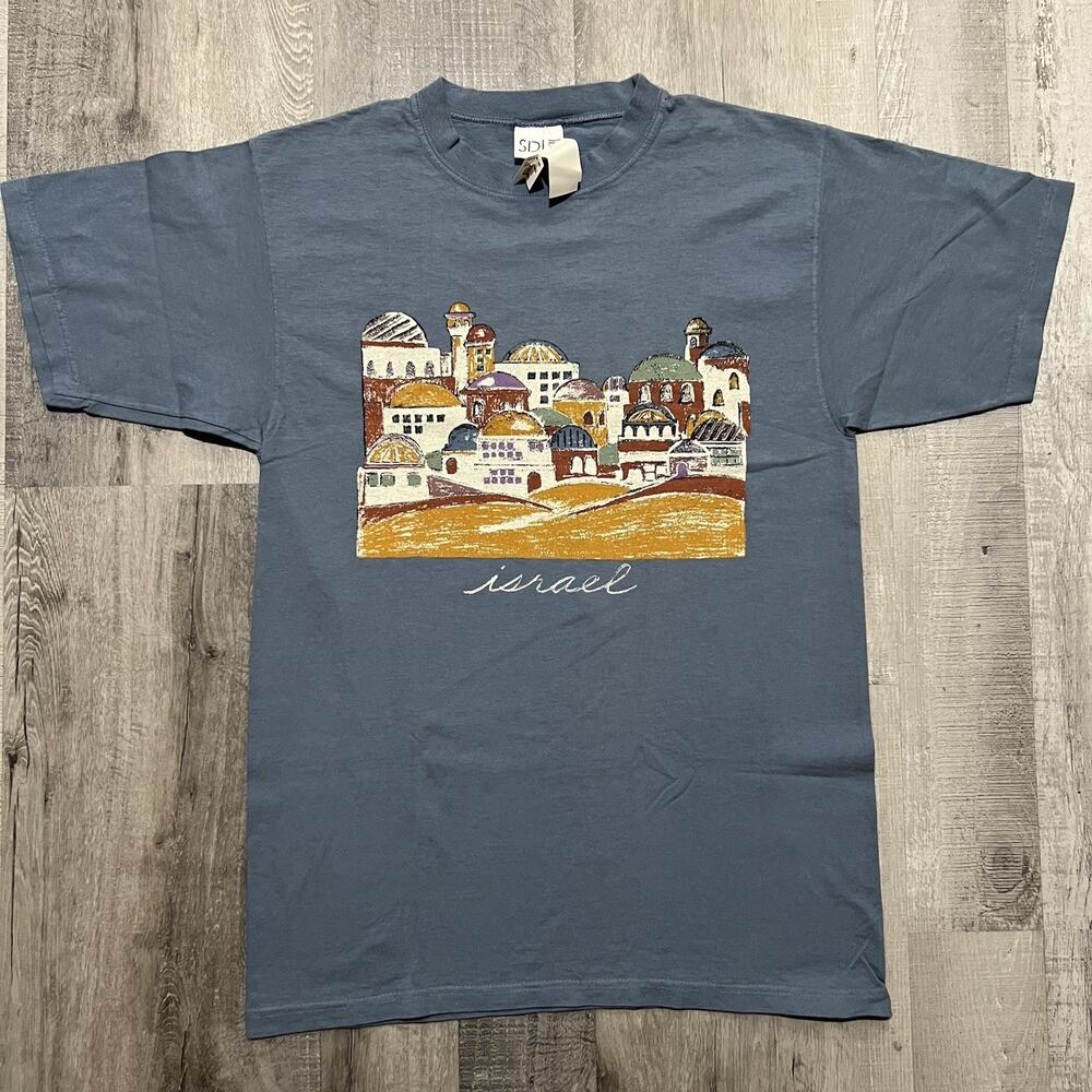 Vintage Israel Art T Shirt NWT Blue Travel Souvenir Painting 90s Y2K Size M